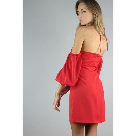J.O.A. Red Puff Sleeve Halter Mini Dress sz M NEW - Picture 2 of 11